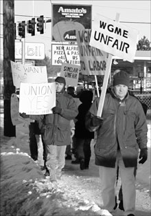 Picketers outside the station