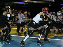 COMING AT YOU: Pads, fishnets, helmets, lipstick.