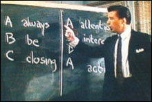 ALWAYS BE CLOSING Baldwin delivers a lesson.